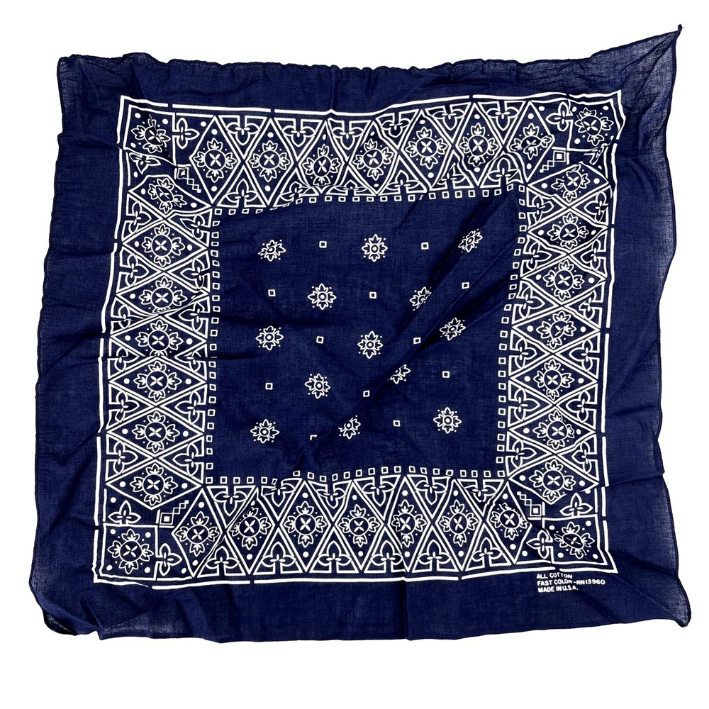 Vintage Fast Color Cowboy Bandana Blue Rope Lasso Handkerchief USA Made